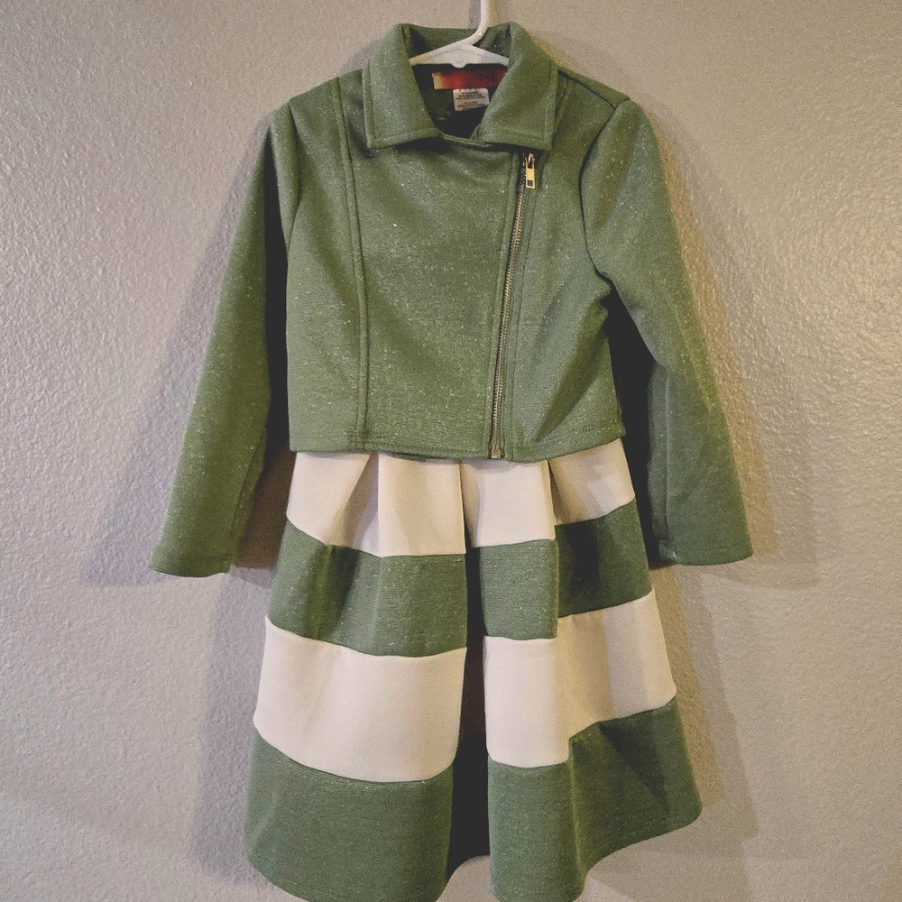 2 Hip Rose, Sage Green & White Sleeveless Dress with Moto Crop Jacket. Size 5.